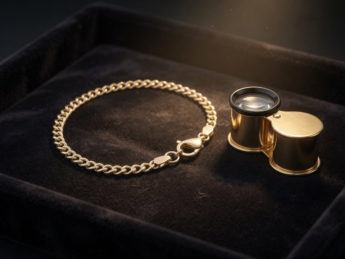 Cadena de oro y lupa de joyero, muestra de arreglo