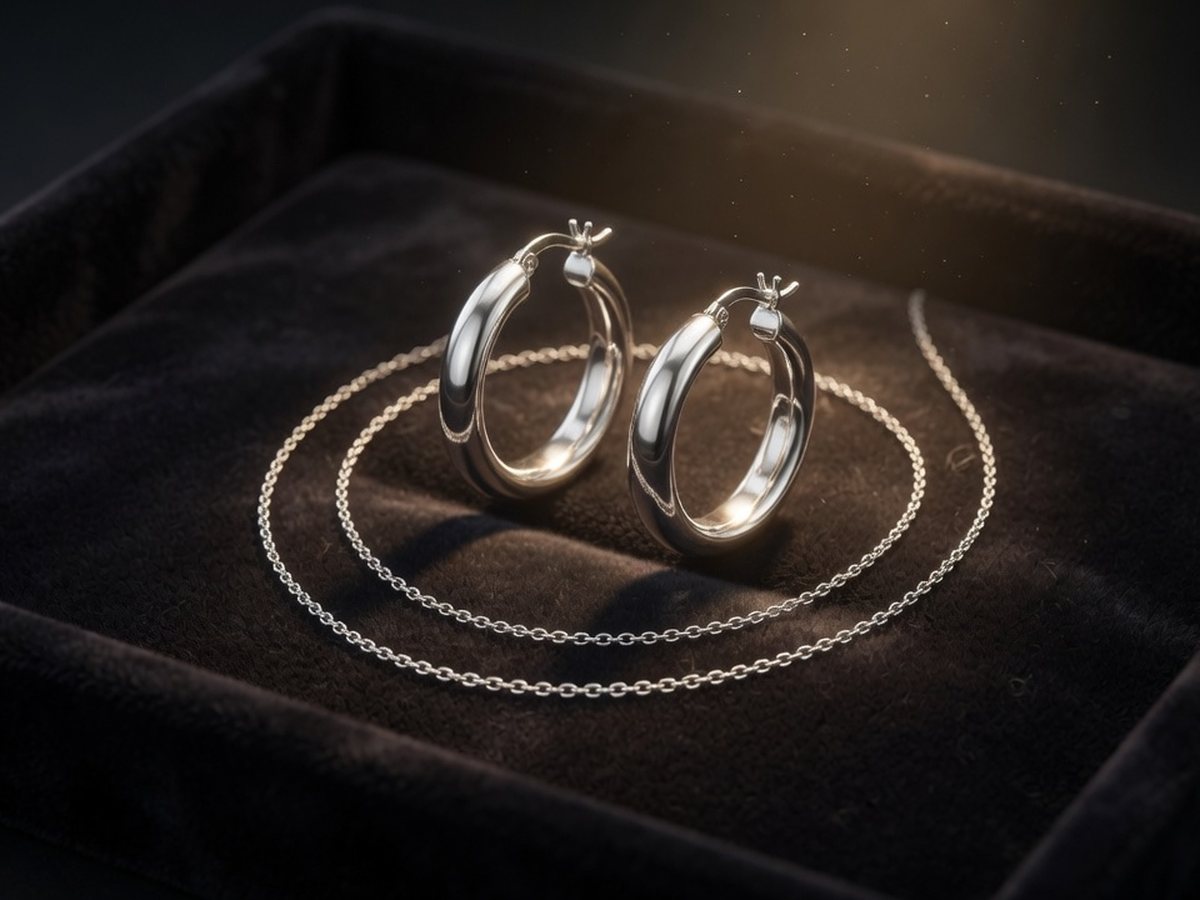 Aros y cadena de plata de muestra, Joyería El Brillante
